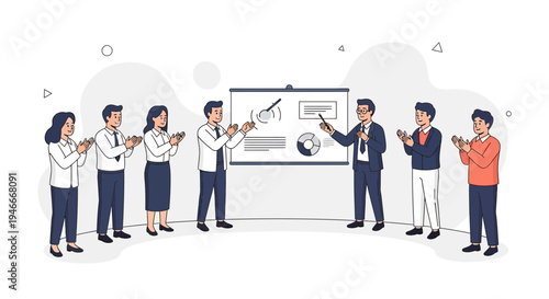 Business meeting: presentation success, applause for team achievement and successful project completion