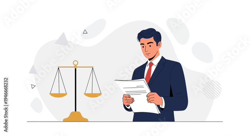 Lawyer in suit with documents and scales of justice, legal concept illustration