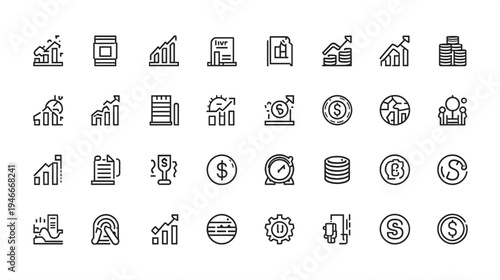 A collection of 20 black and white icons depicting various oil and finance related symbols, including barrels, charts, and money, arranged in four rows of five icons on a white background.