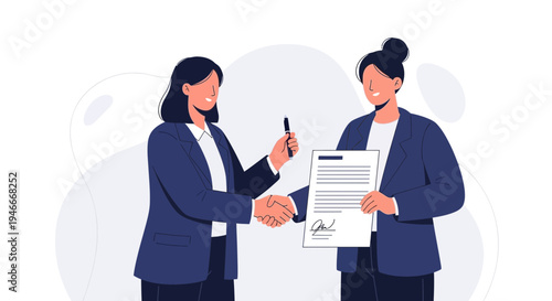 Businesswomen shaking hands, signing contract, partnership agreement, teamwork, success