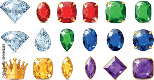 Colorful precious gemstone collection with diamond ruby emerald sapphire amethyst citrine gems and golden crown luxury vector illustration