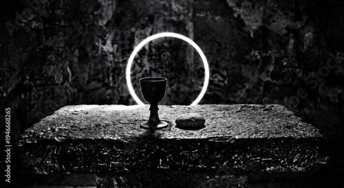 Mysterious Black and White Still Life Featuring Chalice and Bread Illuminated by Glowing Neon Ring Against Rough Stone Background