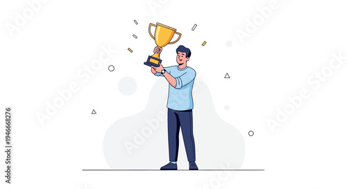 Man Holding Trophy Celebrating Victory, Success and Achievement
