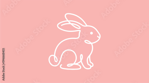 Minimalist White Rabbit Line Art on Pink Background.