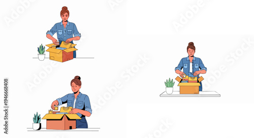 Woman packing items into a cardboard shipping box illustration