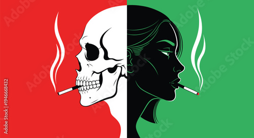 Vector graphic illustration of a woman and skull smoking cigarettes