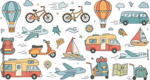 Travel Transportation Icons Set with Airplanes, Hot Air Balloons, Bicycles, Boats, and Camper Vans in Cute Cartoon Style