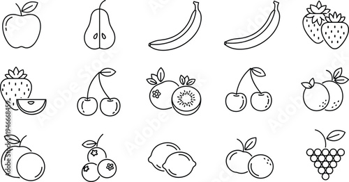 Minimalist Line Art of Various Fruits Including Apple, Banana, Strawberry, Cherry, Peach, and Grape
