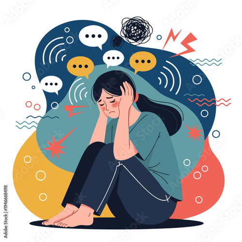 Girl sitting with hands on head expressing feelings of stress and anxiety  