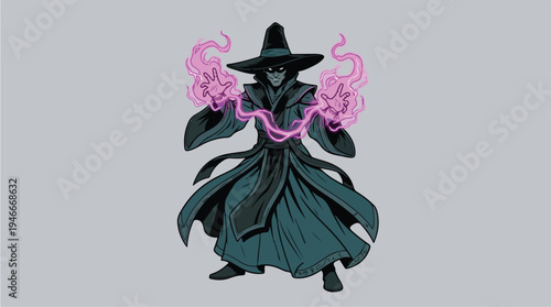 Mysterious Dark Wizard Casting Powerful Magic Energy.