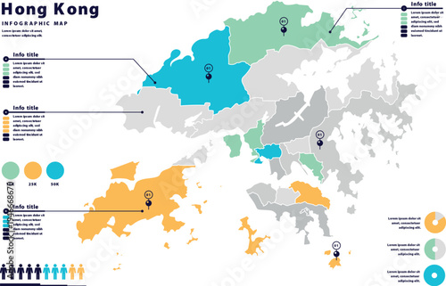 A colorful infographic map of Hong Kong showcasing various regions and statistics