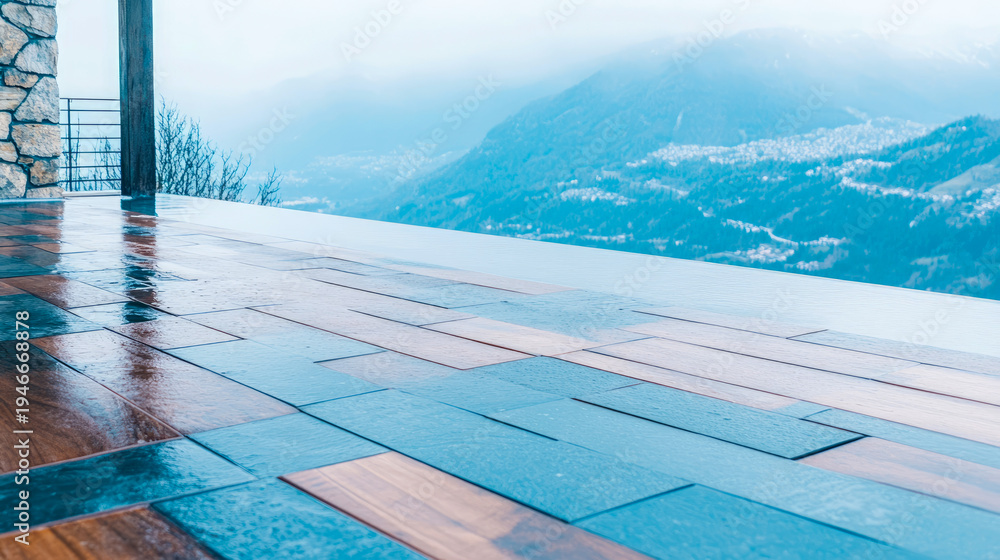 Naklejka premium Wet, modern deck with wood and slate tiles overlooks misty, blue mountain landscape with distant village on cloudy day
