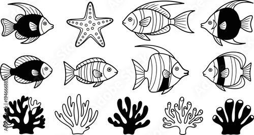 Assortment of simplified marine life fish, starfish, and coral