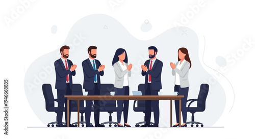 Business team applauding in a meeting room, celebrating success and teamwork.