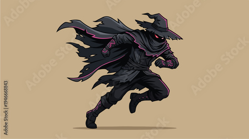 Mysterious Dark Wizard Running with Flowing Cloak and Hat.