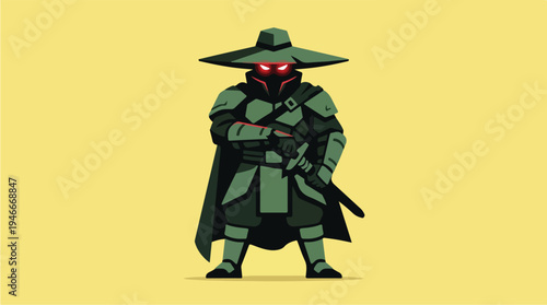 Mysterious Warrior in Futuristic Armor with Glowing Red Eyes.