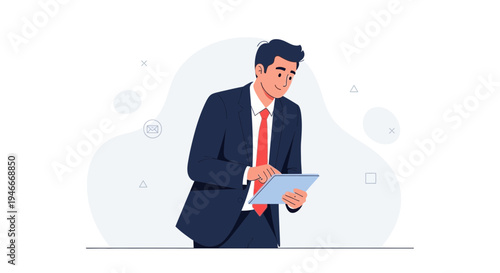 Businessman using tablet, modern flat illustration, business concept
