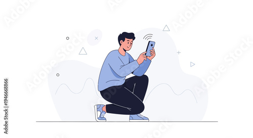 Man Crouching Using Smartphone, Receiving Signal, Modern Flat Illustration