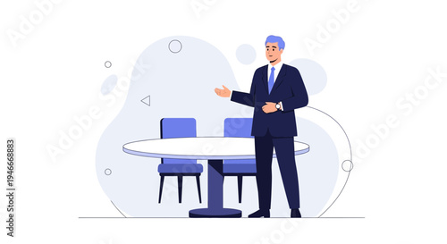 Businessman in suit presenting at a meeting table with chairs