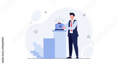 Businessman pressing button on podium, launching project or idea, business concept illustration