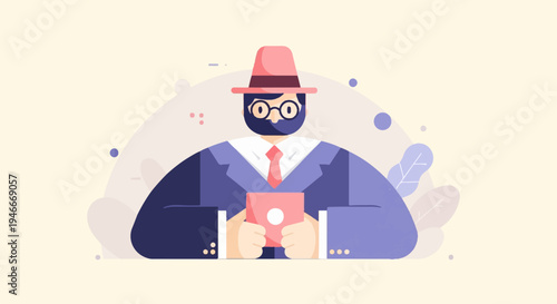 Bearded gentleman in a hat and suit holding a pink tablet device