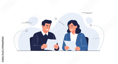 Two professionals discussing documents in a modern office meeting