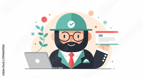 Bearded man in a hard hat and suit works on a laptop, holding a web page