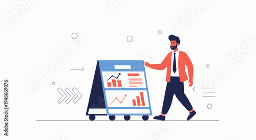 Businessman Pushing a Mobile Display with Financial Charts and Graphs