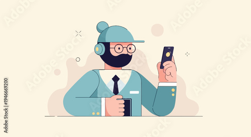 Bearded man in cap and suit with glasses, holding smartphone and cup