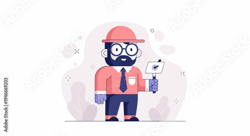 Bearded man in coral shirt, navy tie, blue pants and coral hat