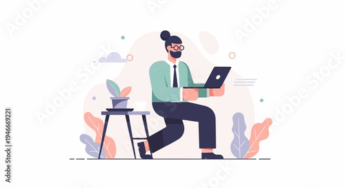 Bearded man in glasses and bun works on laptop near plants