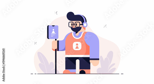 Bearded man in glasses and headphones holds a smartphone on a stick with avatar