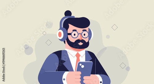 Bearded man in glasses and headphones holds a smartphone