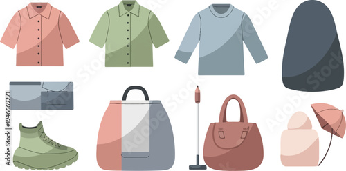 Assorted clothing items, bags, footwear, and accessories arranged in a grid