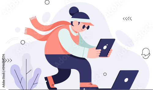 Animated person in scarf and vest juggles tablet, laptop on a white abstract background