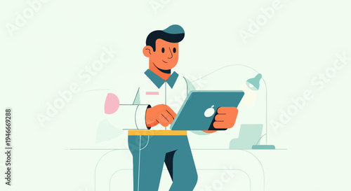 Animated person in lab coat uses tablet at desk with laptop