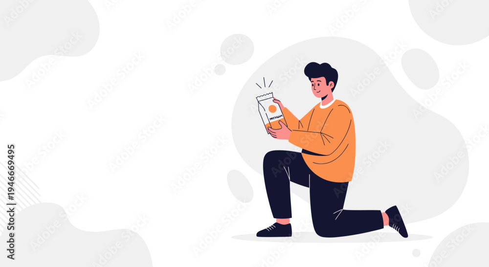 Fototapeta premium Man Kneeling Holding Juice Box, Healthy Lifestyle Concept, Flat Illustration
