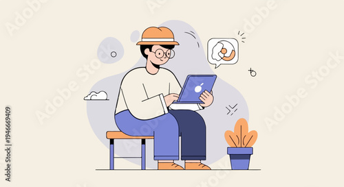 Animated person wearing hat and glasses, focused on laptop, with plant