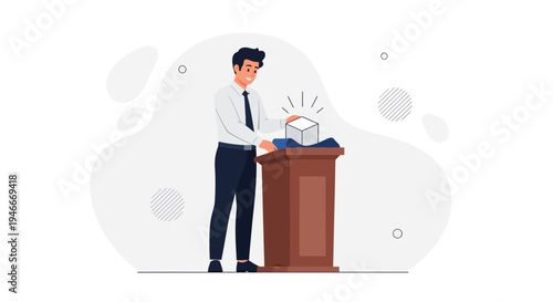 Man presenting a glowing cube on a podium, innovation concept