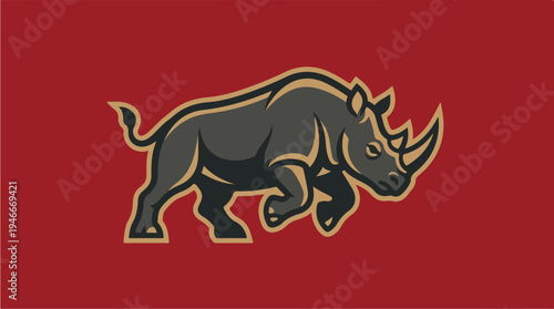 Powerful Rhinoceros Charging Forward on Red Background.