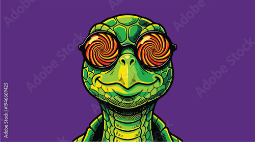 Psychedelic Turtle Wearing Sunglasses with Swirling Eyes.