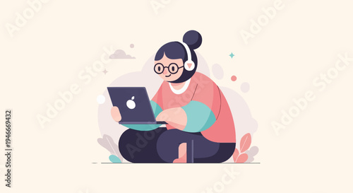 Animated person wearing headphones works on laptop, surrounded by abstract shapes