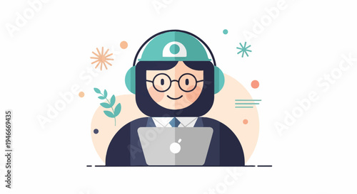 Animated person wearing headphones and glasses uses laptop with abstract background