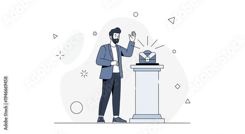 Man presenting a briefcase on a pedestal, business concept, modern illustration