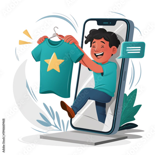 Cartoon boy holding tshirt and coming out of smartphone screen with leaves and swirls