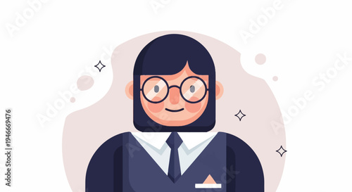 Animated person with glasses and formal attire, smiling warmly