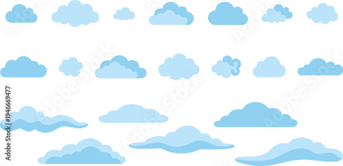 Various light blue cartoon clouds in different shapes and sizes on white background