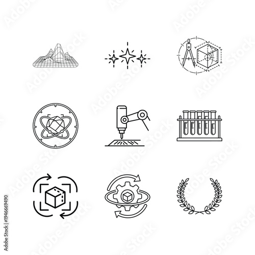 Collection of outline icons related to science technology engineering and manufacturing with 3d models graphs robotics and laboratory equipment for research and development