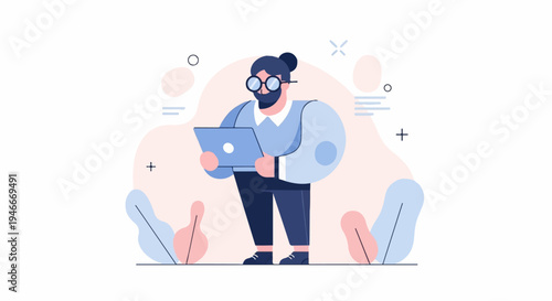 Animated person with beard, glasses, and bun using a laptop