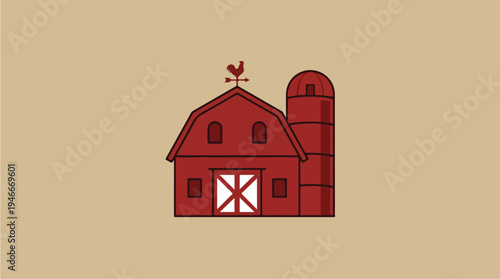 Red Barn with Silo and Weather Vane Illustration.